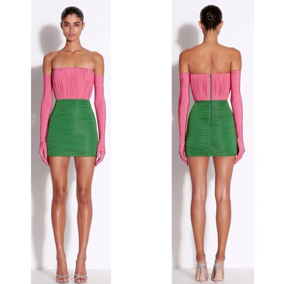 Alex Perry Ruched Strapless Jersey Pink and Green Mini Dress with Gloves Size 6 - Picture 2 of 13